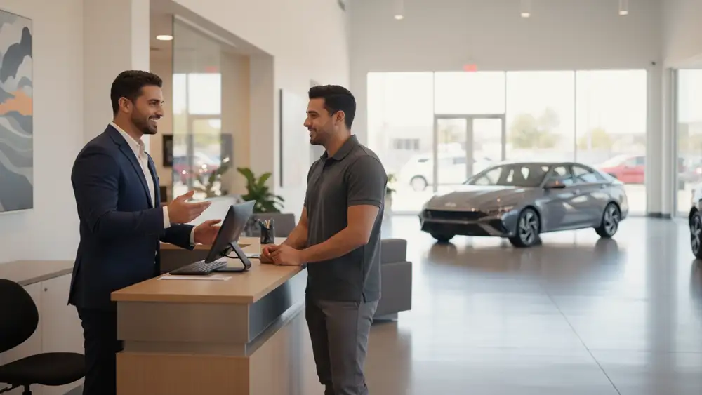 Close-up of a technician checking tire pressure on a rental vehicle
